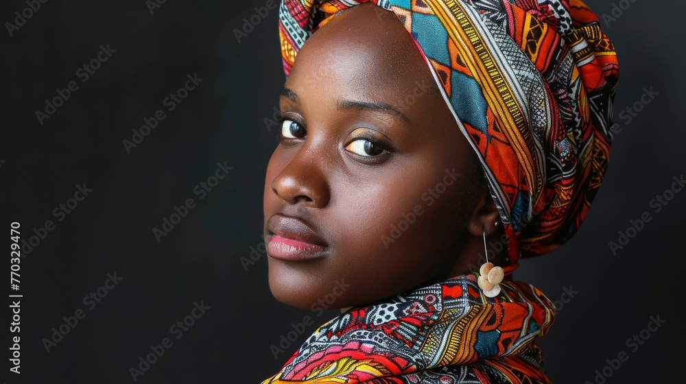 Artistic portrait of a young African woman with a colorful headscarf, her expression serene and contemplative, with a focus on the patterns and textures, perfect for cultural themes.