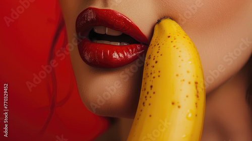 A woman's lips with red lipstick, holding and eating an oversized banana on a bright red background