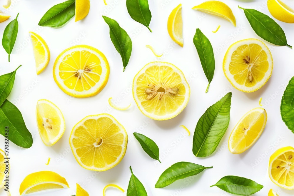 Refreshing seamless pattern of lemon slices and vibrant green leaves scattered on a pure white background, capturing the essence of summer freshness and citrus aroma
