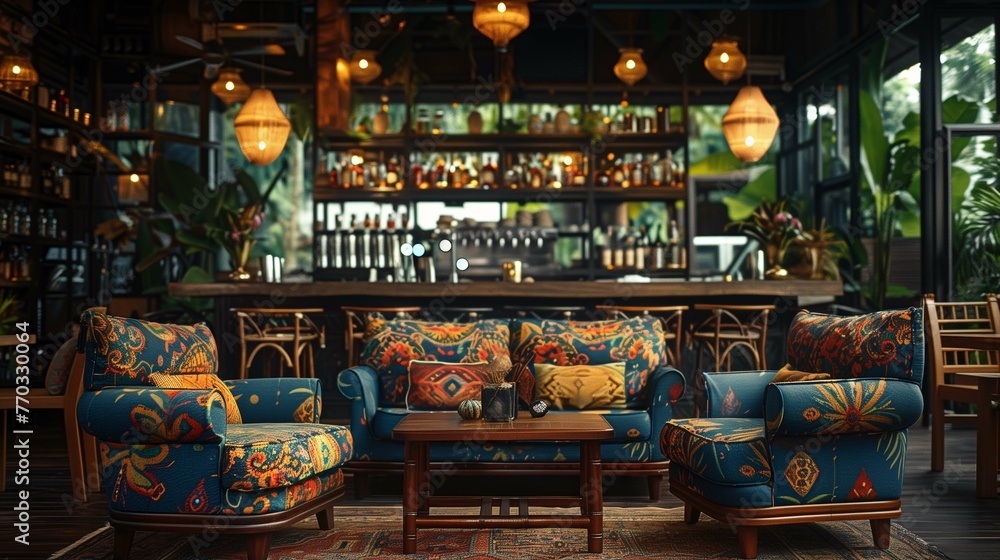 Elegant Tropical Bar Interior with Patterned Armchairs Elegant Tropical Bar Interior with Patterned Armchairs