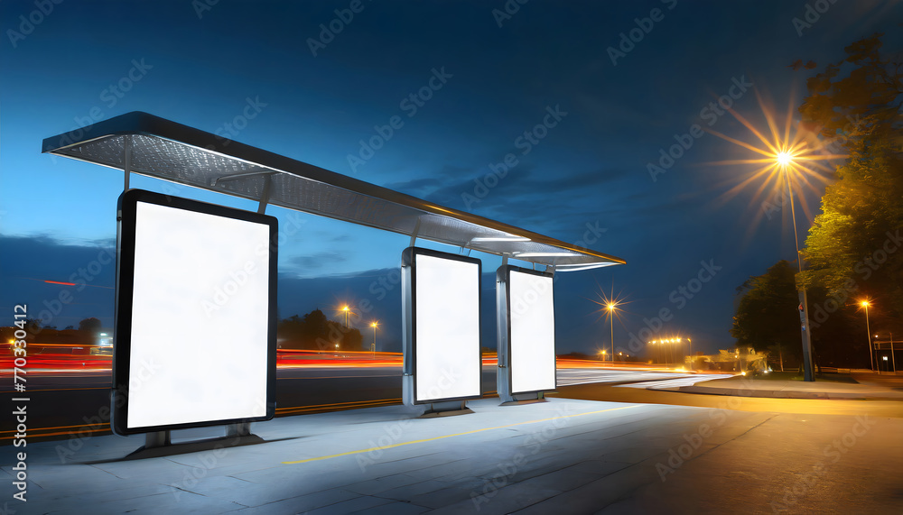 Bus Stop Advertising at Night Mockup. Generative AI. Bus Stop Advertising at Night Mockup. Generative AI.
