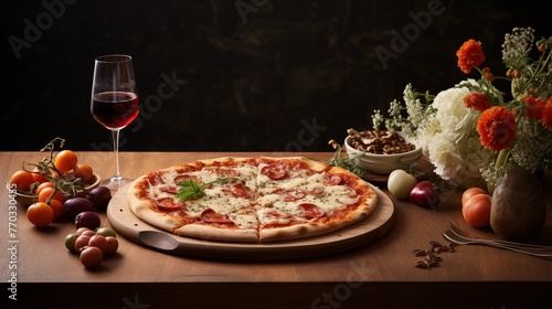 Background with pizza with wine and tomatoes (ID: 770330455)