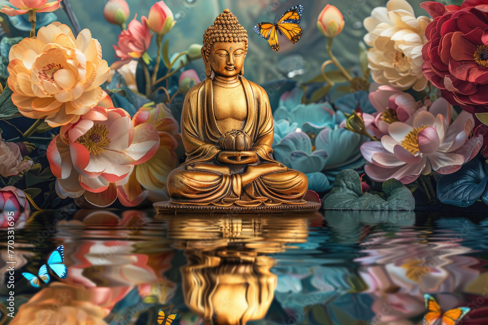 golden buddha with 3đ multicolor flowers and butterflies, nature background