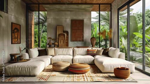 Modern Tropical Living Room Interior with Lush Garden View