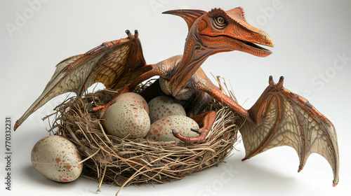A pterodactyl perched on its nest, which contains eggs, set against a light grey background