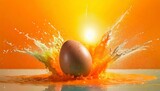 Splash of Spring: Easter Egg Surrounded by a Colorful Explosion Against an Orange Backdrop