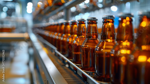 Line of bottling of beer bottles on clean light factory with closeup view on the alcoholic drink bottle