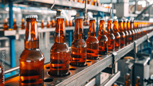 Line of bottling of beer bottles on clean light factory with closeup view on the alcoholic drink bottle