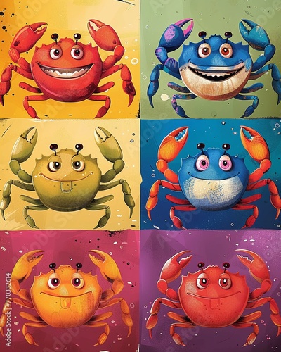 Cute crabs in a spectrum of colors, cartoons, with funloving krakens, showcasing marine diversity photo