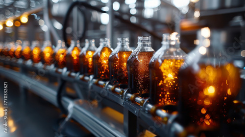 Line of bottling of cola soda bottles on clean light factory with closeup view on the sugary drink bottle