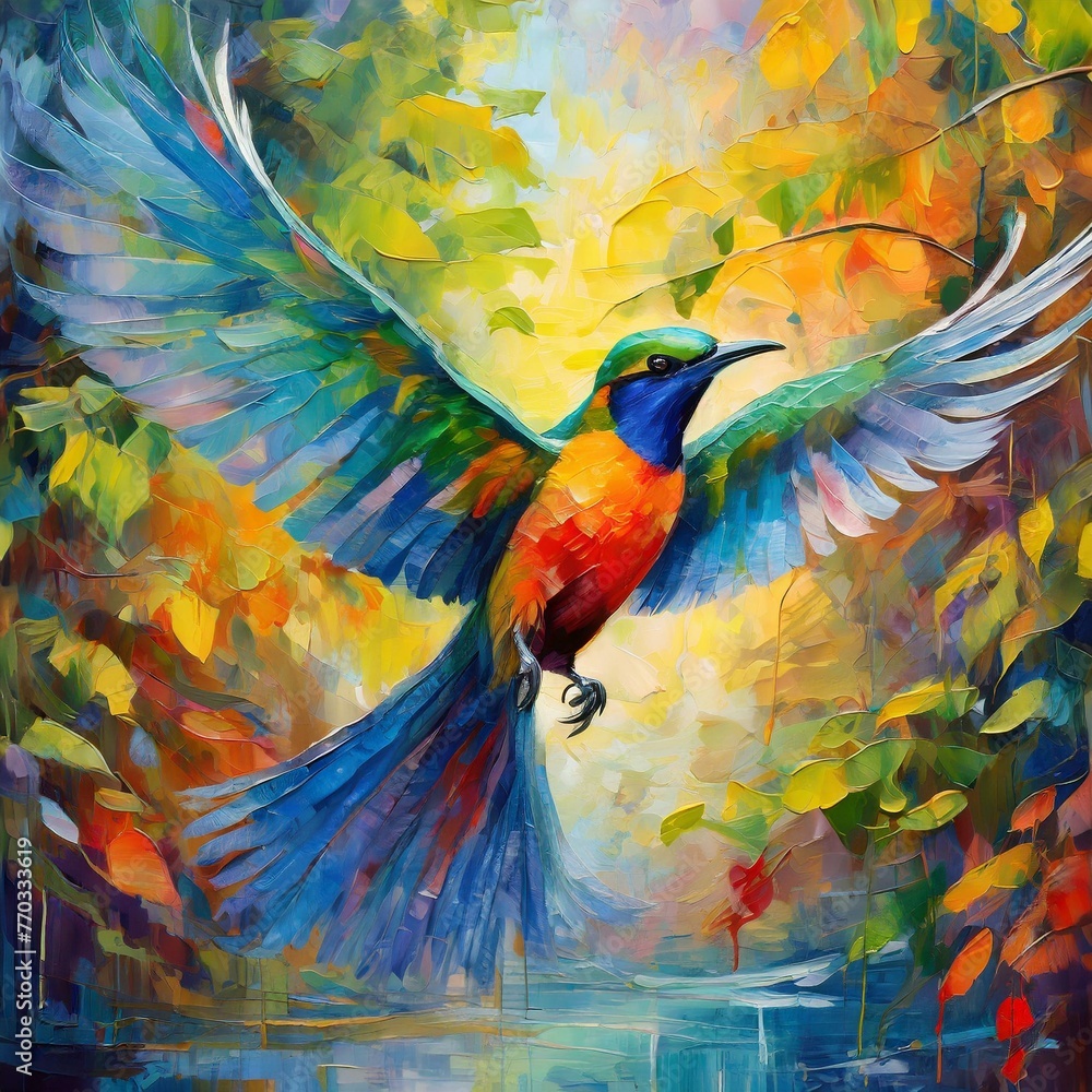Obraz premium abstract watercolor background with painting.a captivating oil painting featuring a colorful bird in flight, its wings outstretched against a backdrop of vibrant foliage, with bold brushstrokes and vi