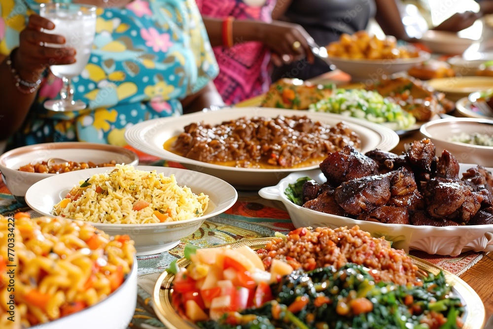 A feast of diverse dishes showcased on a vibrant tablecloth.
