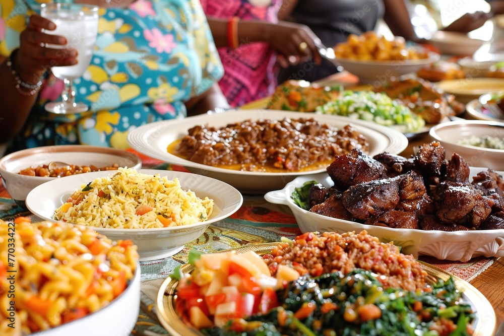 A feast of diverse dishes showcased on a vibrant tablecloth. A feast of diverse dishes showcased on a vibrant tablecloth.