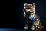 Creative animal concept. Exotic Shorthair cat kitten kitty in disco neon glitter glam shiny glow sequin outfit, copy text space. commercial, editorial advertisement party invitation invite, 