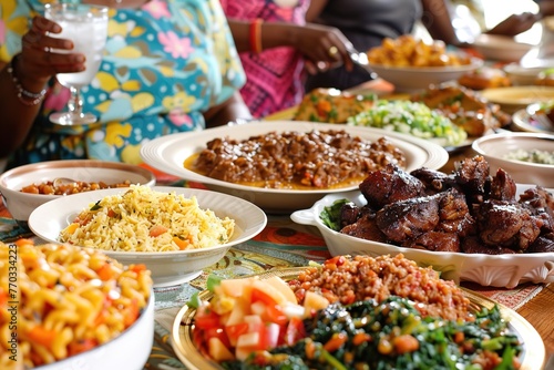 A feast of diverse dishes showcased on a vibrant tablecloth.