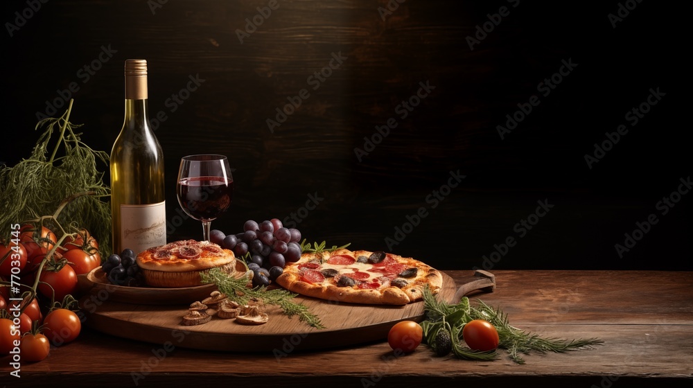 Background with pizza, wine and cheese