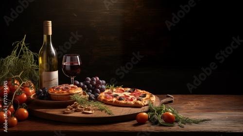 Background with pizza, wine and cheese (ID: 770334445)