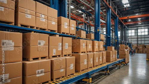 Hochregallager voller Kartons in einer modernen Logistikhalle