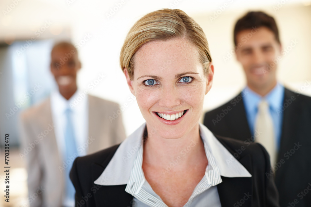 Lawyer, smile and portrait of businesswoman at law firm for team building, meeting and legal job. Professional employees, diversity and happy in office for collaboration, solidarity and partnership Lawyer, smile and portrait of businesswoman at law firm for team building, meeting and legal job. Professional employees, diversity and happy in office for collaboration, solidarity and partnership