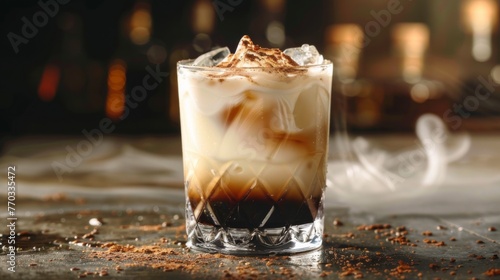 White Russian cocktail presented against a bar background. An alcoholic beverage served in a glass.