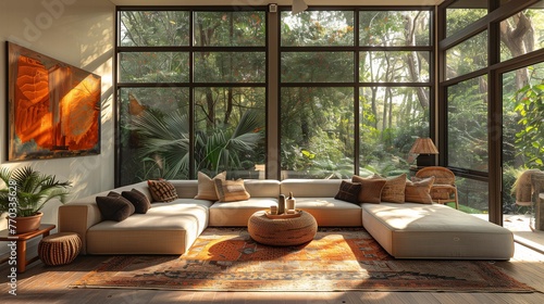 Modern Living Room with Forest View