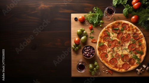 Background with pizza with mushrooms and tomatoes (ID: 770336003)