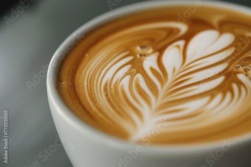 Close-up of a latte with intricate leaf-like art in foam. © Larisa