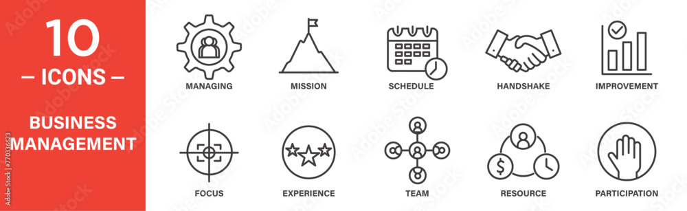 Business management icon set. mission, schedule, focus, participation ...