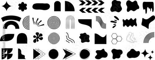 Modern abstract shapes, black shapes on white background. Versatile, minimalist design elements for patterns, logos, decorations