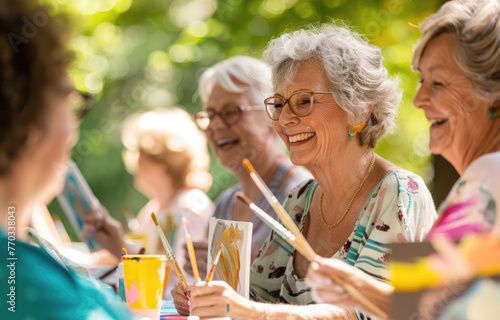 Three happy senior women having fun painting at an outdoor art class in the garden of their community, summer time photo