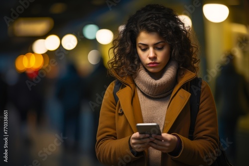 Worried woman checking their phone for news updates, reflecting the constant bombardment of fear-inducing content on social media photo