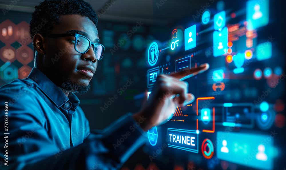 Businessman Interacting with Virtual Training and Development Icons Signifying Corporate Trainee Engagement Businessman Interacting with Virtual Training and Development Icons Signifying Corporate Trainee Engagement