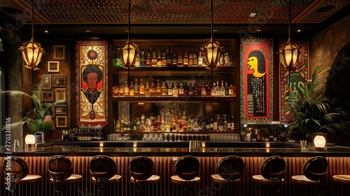 Ethnic Style Bar Interior with African Art and Ornate Patterns