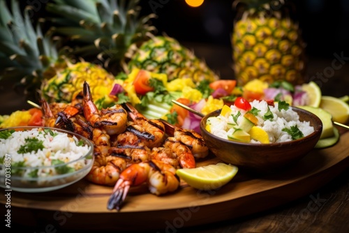 The tropical-inspired barbecue platter featuring grilled pineapple, coconut shrimp skewers, and mango salsa, offering a taste of paradise in every bite