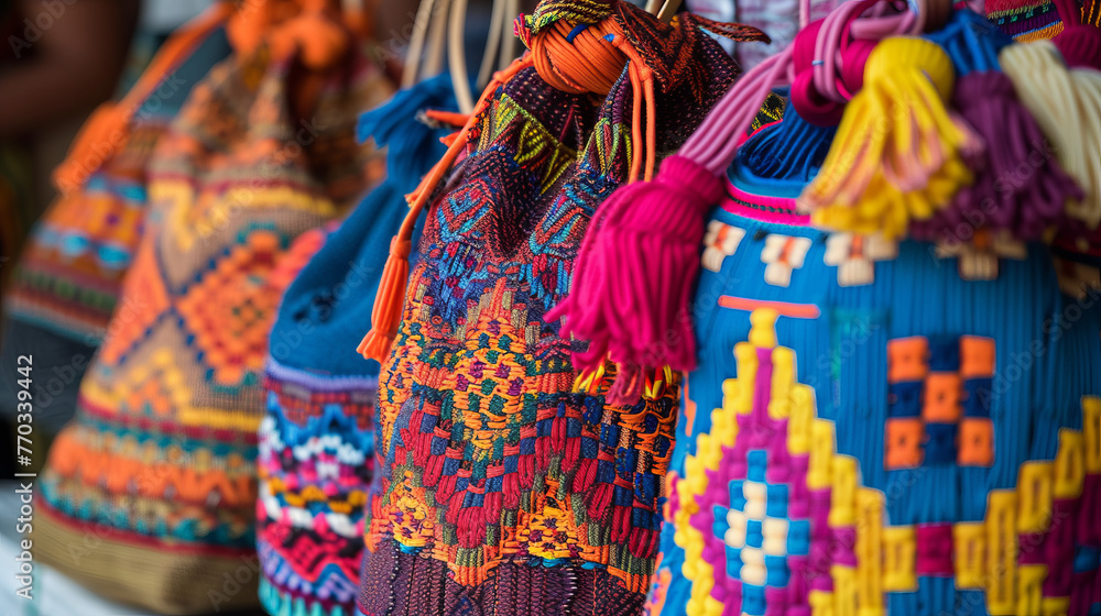 Fototapeta premium Close-up of exquisite handmade woven bags, displaying intricate patterns and bright color combinations