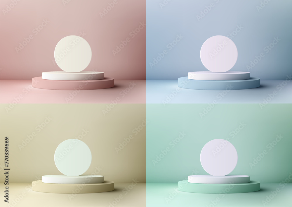 3D of a white and soft colors podium with white circle backdrop on pastel background 3D of a white and soft colors podium with white circle backdrop on pastel background