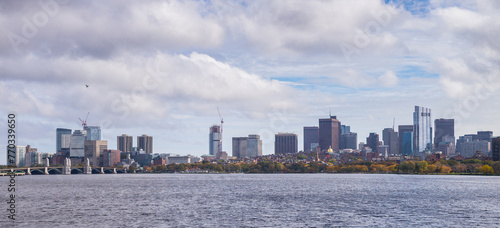 Panorama Boston Downtown cityscape along Charles River with skylines building at Boston city, MA, USA.