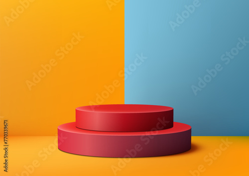 3D red podium on a yellow and blue geometric background. Ideal for showcasing products in a modern style