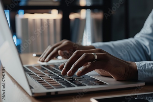 Businessman hand typing on laptop computer, working in modern office interior