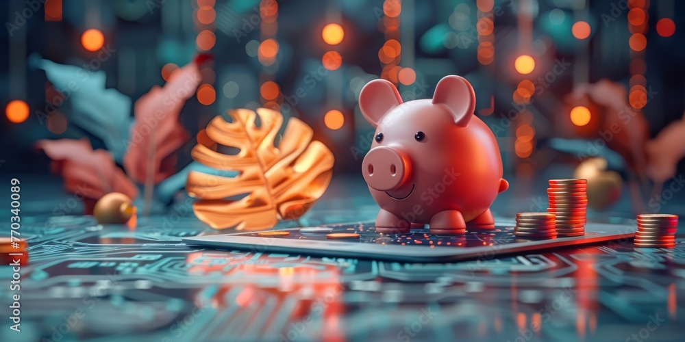 Adorable 3D render of a smiling, piggy bank robot efficiently sorting colorful, oversized coins on a vibrant, circuit board-inspired background - obrazy, fototapety, plakaty 