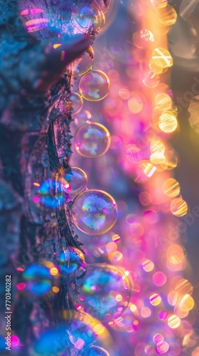 In the light of a sunny day, a low-detail tree  wrapped in bubble plastic inspires conceptual creativity Minimalism meets nature in this close-up scene of whimsical wonder, neon lights 