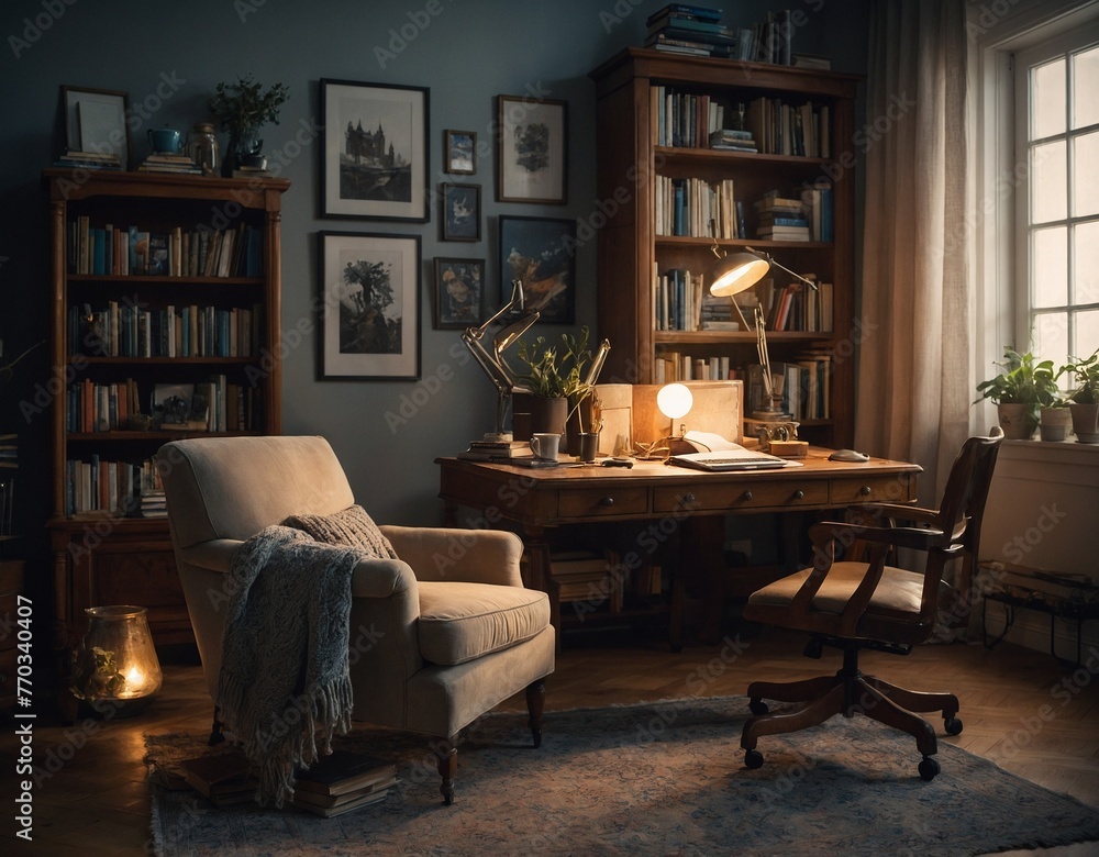  Create a laptop image set in a cozy home office, with a plush armchair, soft lighting, and bookshelves filled with novels and decorative items. Showcase the laptop on a tidy desk, with a warm blanket