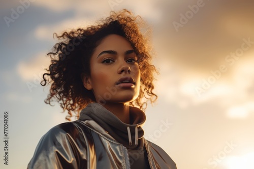 A portrait shot in the golden hour, featuring a woman rucker looking off into the distance, reflective and motivated photo