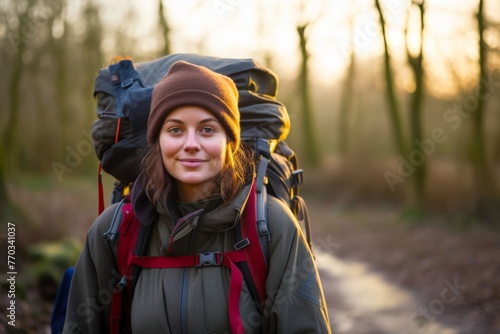  A portrait of a girl wearing a weighted rucksack, ready for a rucking session in the early morning light