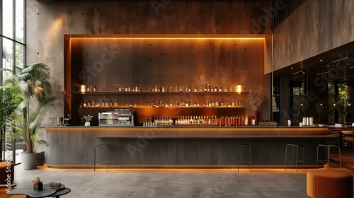 Modern Hotel Bar Interior with Warm Ambient Lighting