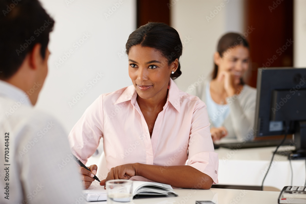 Meeting, recruitment or woman writing in job interview with documents in office for salary negotiation. Explain, manager or man speaking to hr for business, report or hiring opportunity in discussion Meeting, recruitment or woman writing in job interview with documents in office for salary negotiation. Explain, manager or man speaking to hr for business, report or hiring opportunity in discussion