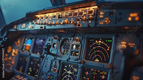 Cockpit Control Panel and Flight Instruments. Cockpit of an airplane during twilight with a focus on the control panel and various flight instruments lit up. photo