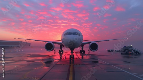 Commercial Airplane at Sunrise on Tarmac. Commercial jet is silhouetted against a vibrant sunrise, parked on the airport tarmac, awaiting departure.