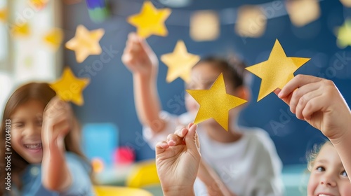 A teacher handing out gold stars to excited students on their report cards. 