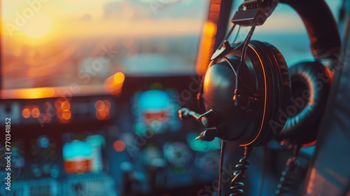 Pilot's Headset with Sunset View from Cockpit. Pilot's headset is silhouetted against the sunset, seen from the vantage point of an airplane cockpit. photo